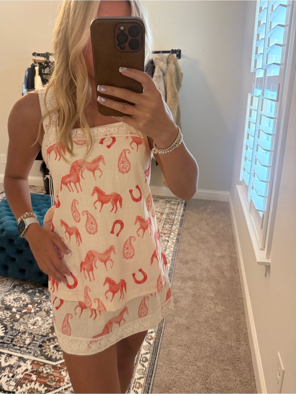 Cream Mini Dress with Coral Horse & Paisley Print